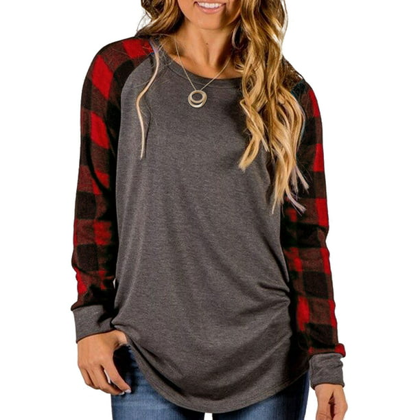 Patchwork Tops for Women Long Sleeve Plaid Stitching Tunics Blouse T-Shirt with Pockets 